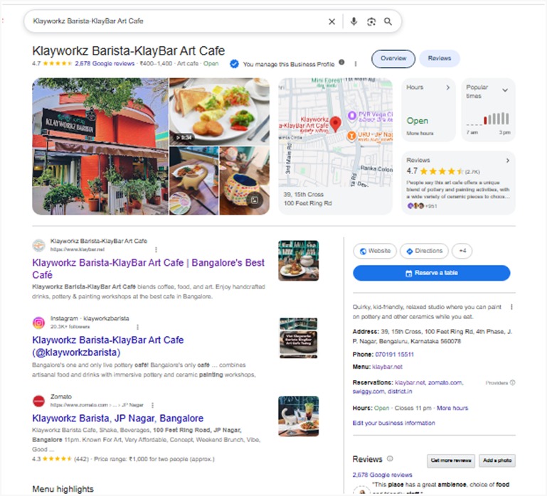 Google Business Profile of Klayworkz Barista displaying complete business information